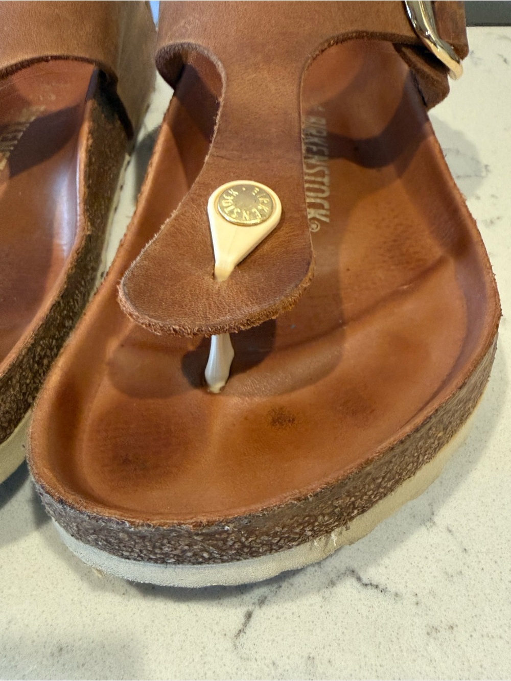 Birkenstock Brown Leather T-Strap Sandals with Gold Accents - Picture 2 of 16